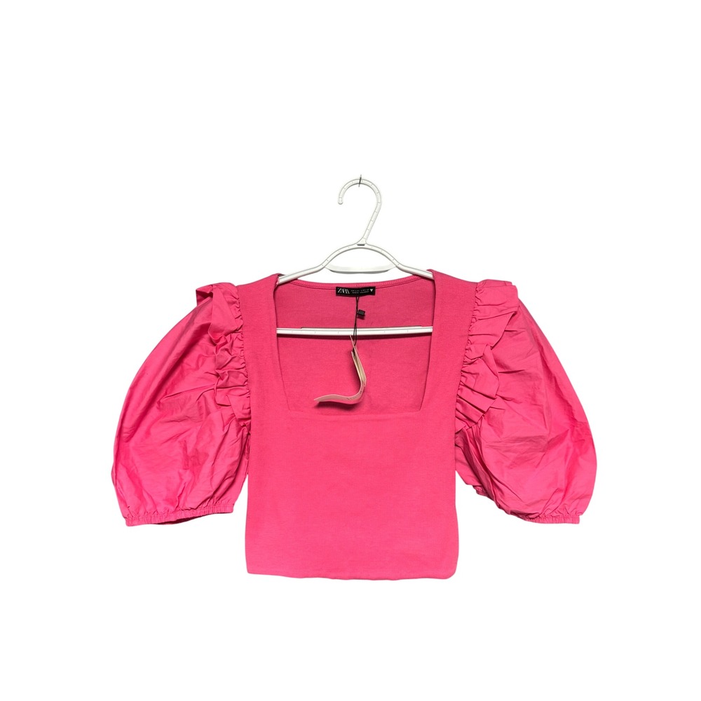 Zara Pink Ribbed Knit Crop Top Puff Ruffle‎ Sleeve Square Neck NWT Large Boho